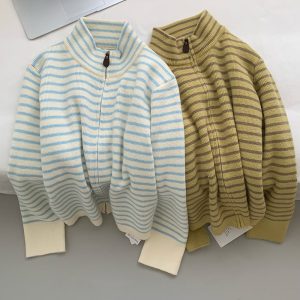 Belknt-Half Neck Collar Stripes Knitted Cardigan Knitted for Women-Spring Autumn Zipper Sweater Short Coat-French Style Tops Outfit