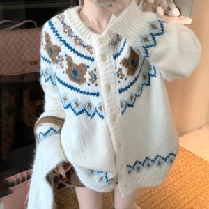 Belknt-Fair Island Cute Bear Knitted Cardigan Knitwear for Women-White Furry Thick Sweater Short Coat-Knitted Tops Outfit