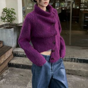 Belknt-Irregular Solid Knitted Cardigan Top for Women-High Collar Thick Sweater Coat for Lady-Single Buttons