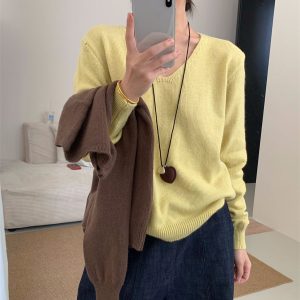 Belknt-V neck Sweater Over the Knee Knitted ‌Jumper Top for Women-Korean Style Pullover Sweater Outwear for Lady