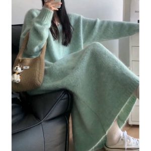 Belknt-Women‘s Knitted Dress-Pink V neck Pullover Sweater Over the Knee-Straight Silhouette Outwear Tops