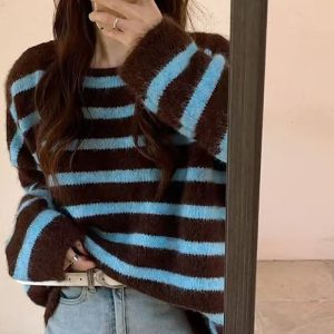 Belknt-Loose Stripes Pullover Knitted Sweater Top for Women-Korean Style Round Neck Knitted Coat for Lady-Large Size Outwear
