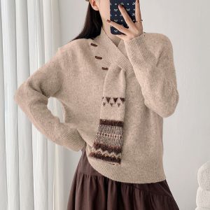 Belknt-Design Sense Solid Cowl Neck Pullover Knitted Sweater Top for Women-Handmade Wearing Rope Knit Coat-