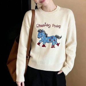 Belknt-Little Horse Embroidery Pullover Knitted Sweater Top for Women-Sketch Cartoon Loose Crew neck Coat Knitwear for Girls