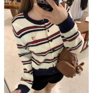 Belknt-Cartoon Embroidery Stripes Knitted Cardigan Knitwear for Women-Round neck Thin Sweater Short Coat-French Style Tops Outfit