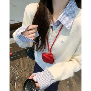 Belknt-Two Piece Pullover Knitted Top for Women-Not Divisible Shirt Collar Thin Sweater Short Coat-Smile Face Decoration Clothing