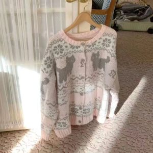 Belknt-Age Reducing Fair Island Knitted Cardigan Top for Women-Pink Cartoon Thick Round neck Sweater Coat for Lady