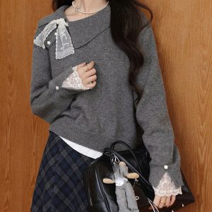 Belknt-Korean Solid Irregular Pullover Knitted Sweater Top for Women-Gray Lace Stars Buttons Knit Coat