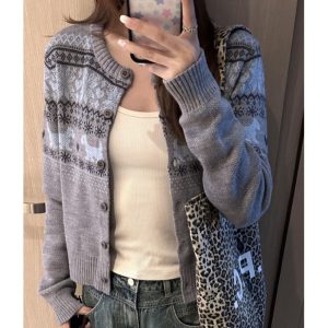 Belknt-Fair Island Gray Knitted Cardigan Knitwear for Women-Round neck Thin Sweater Short Coat-Retro Knitted Tops Outfit