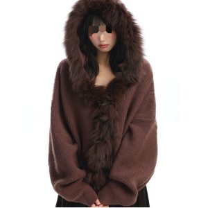 Belknt-Loose Large Size Hooded Long-sleeved Knitted Cardigan Coat for Women With Fur Collar-Thick Wooden Buckle Sweater Top for Lady-European Size