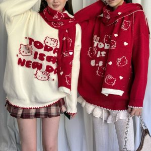 Belknt-Women‘s Knitted Pullover Knitwear-Two Piece Round neck Pullover Sweater Coat with Scarf-Cartoon Jacquard Tops-White Red Knit Suit