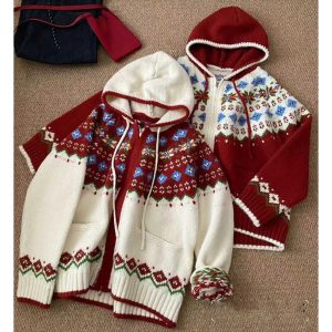 Belknt-Fair Island Hooded Knitted Cardigan Coat for Women, Color Matching Zipper Knitted Sweater Top for Lady, Loose Outwear