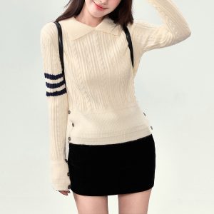 Belknt-Solid Polo Collar Pullover Knitted Top for Women-Tb Style Three Stripes Thin Sweater Short Coat