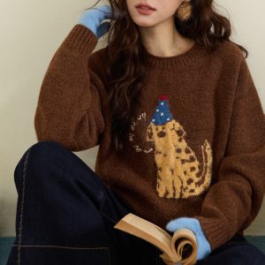 Belknt-Korean Style Cartoon Jacquard Pullover Knitted Sweater Top for women-Roll Edge Atmospheric knitwear Coat for Lady