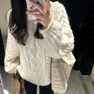 Belknt-Roll Edge Round Neck Jacquard Weaving Pullover Knitted Top for Women-Japanese Style Sweater Coat Knitwear