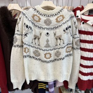 Belknt-Women‘s Knitted Pullover Knitwear-Silver thread Cartoon Round neck Sweater Coat-Quality Jacquard Tops