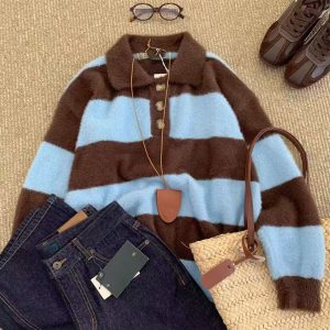 Belknt-Loose Stripes Pullover Knitted Sweater Top for Women-Korean Style Polo Collar Mohair Coat for Lady-Large Size Warm Outwear
