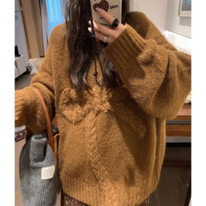 Belknt-Solid Three Dimensional Bow Pullover Knitted Sweater Top for Women-Loose Thick Long Sleeve Round neck Coat Knitwear for Lady