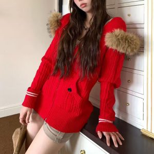 Belknt-Fur Collar Removable Hooded Long-sleeved Knitted Cardigan Coat for Women-Tighten Waist Twist Zipper Sweater Top for Lady-