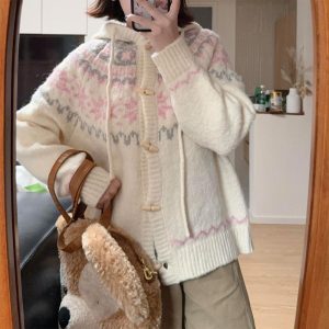 Belknt-Fair Island Hooded Knitted Cardigan Coat for Women, Pink White Butterfly Clasp Knitted Sweater Top for Lady, Loose Outwear