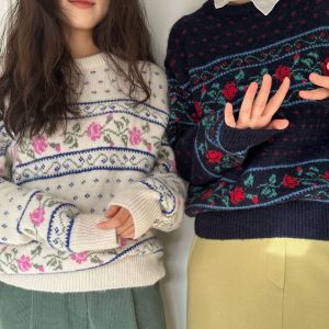 Belknt-Korean Version Flower Jacquard Weaving Pullover Knitted Sweater Top for Women-Quality Loose Round neck Knit Coat-