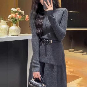 Belknt-Two Pieces Knitted Suit for Women-Half-neck Collar Pullover Knitwear Set with Belt-Long Knit Skirt for Lady