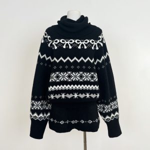 Belknt-Two Pieces Knitted Suit-Black High Collar Sweater Top for Women-Leisure Knitting Shorts Pants-Loose Coat for Lady