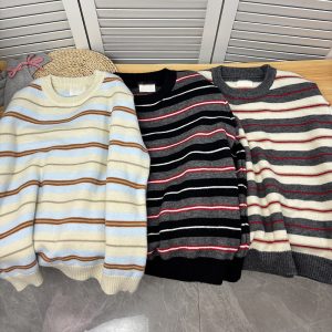 Belknt-Stripes Round Neck Pullover Knitted Sweater Top for Women-Loose Korean Style Knitted Coat for Lady-Large Size Outwear