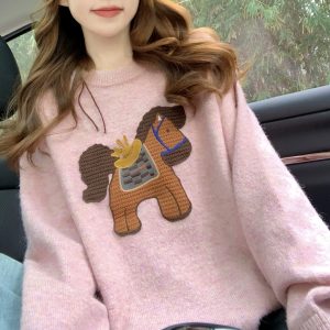 Belknt-Pink Embroidery Pullover Knitted Sweater Top for Women-Loose Long Sleeve Horse Crew neck Coat Knitwear for Girls