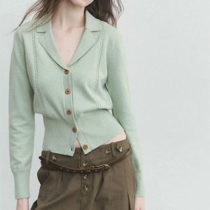 Belknt-Solid Green Knitted Cardigan Short Knitwear for Women-Suits Collar Thin Sweater Short Coat-Retro Knitted Tops Outfit