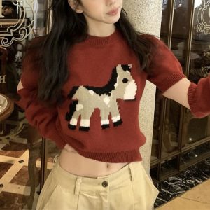Belknt-Two Piece Cartoon Pullover Knitted Top for Women with Socks-Crew Neck Thin Sweater Short Coat for Girls-Knitted Tops Outfit