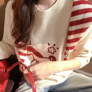 Belknt-Age Reducing Embroidery Pullover Knitted Sweater Top for Women-White Horse Loose Long Sleeve Crew neck Coat Knitwear for Girls