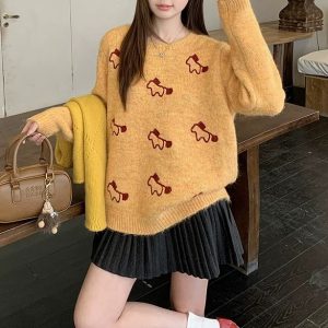 Belknt-Dachshund Embroidery Pullover Knitted Sweater Top for Women-Autumn Winter Loose Long Sleeve Crew neck Coat Knitwear for Girls