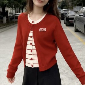 Belknt-Two Pieces Red Knitted Cardigan Coat for Women-Korean Patch Crew neck Sweater Top for Girls-Knitwear Cannot be separated