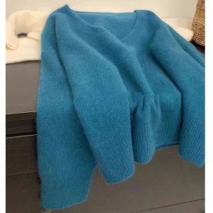 Belknt-V neck Sweater Over the Knee Knitted Top for Women-Korean Style Pullover Sweater Outwear for Lady