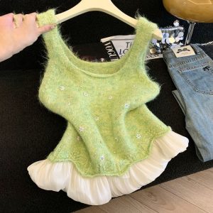 Belknt-Women‘s Knitted Vest-Flower Sequins Pullover Sleeveless Knitwear-Round neck Sweater Coat-Jacket Solid Tops