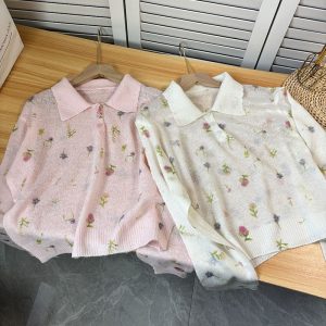 Belknt-Korean Mini Flowers Printed Knitted Short Knitwear for Women-Polo Collar Super Thin Sweater Short Top-Cute Outfit