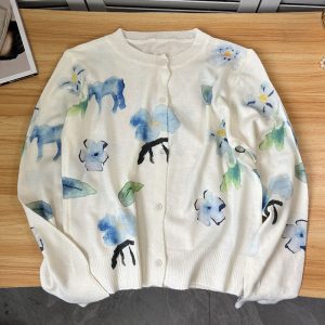 Belknt-Ink Painting Printing Dyeing Knitted Cardigan for Women-Crew Neck Super Thin Knitwear Short Top