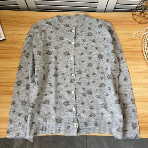 Belknt-Korean Mini Flowers Printed Knitted Cardigan for Women-Crew Neck Super Thin Knitwear Short Top-Cute Outfit