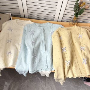 Belknt-Sweet Wavy Edge Solid Knitted Cardigan Short Knitwear for Women-Hollowed Out Thin Bow Tie Sweater Short Coat-Cute Knitted Tops Outfit