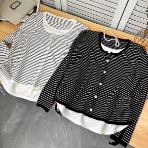 Belknt-Renaissance Stripes Two Pieces Knitted Cardigan Short Knitwear for Women-Drawstring Design waist Thin Sweater Short Coat-Cute Knitted Tops Outfit